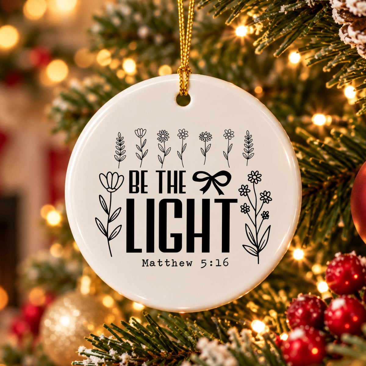 Christian Floral Ceramic Ornament with Matthew 5:16 Verse
