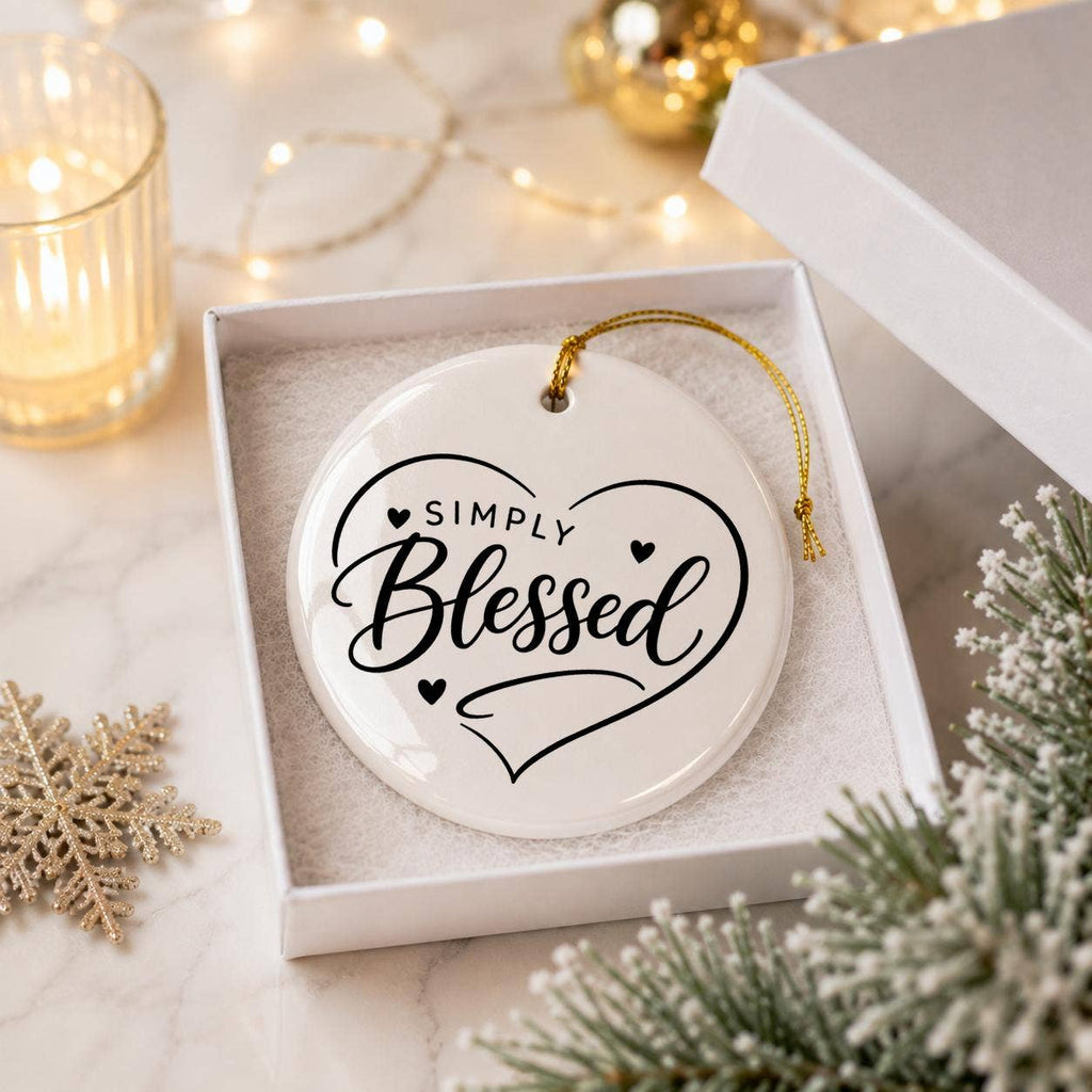 Simply Blessed Glossy Ceramic Ornament with Heart Motifs