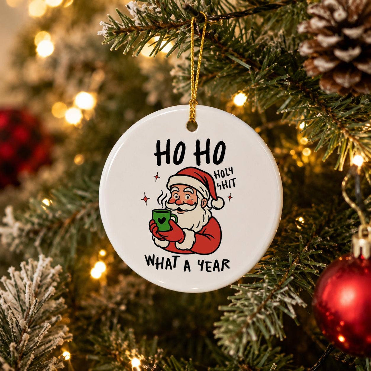 Funny Santa Ceramic Christmas Ornament with Gift Box