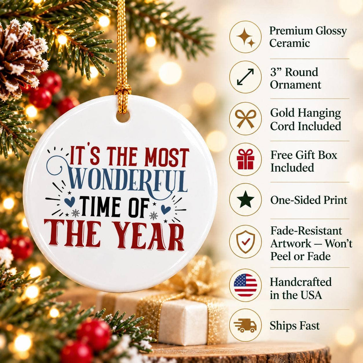 Wonderful Time Ceramic Christmas Ornament Gift Boxed