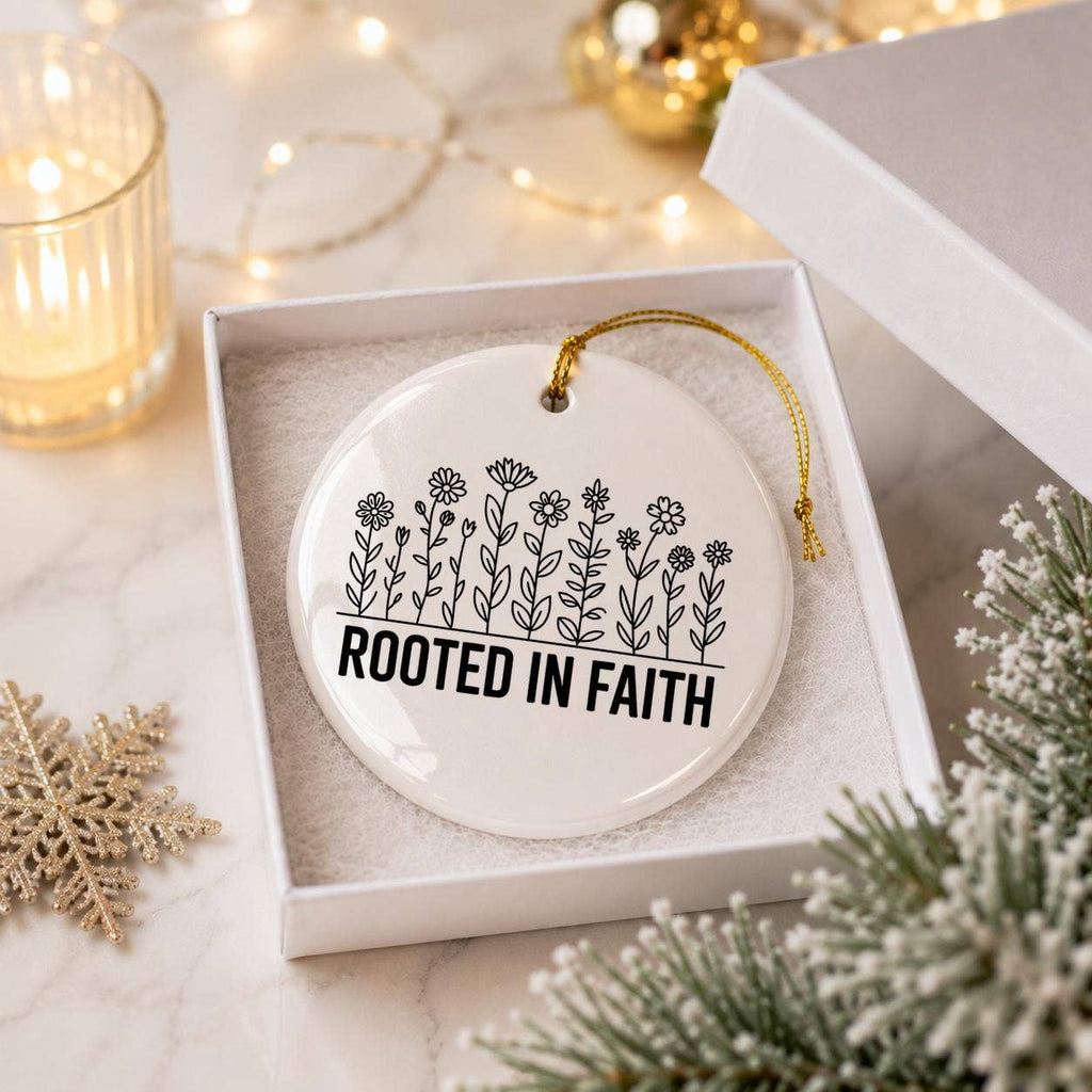 Rooted in Faith Floral Ceramic Holiday Ornament with Box