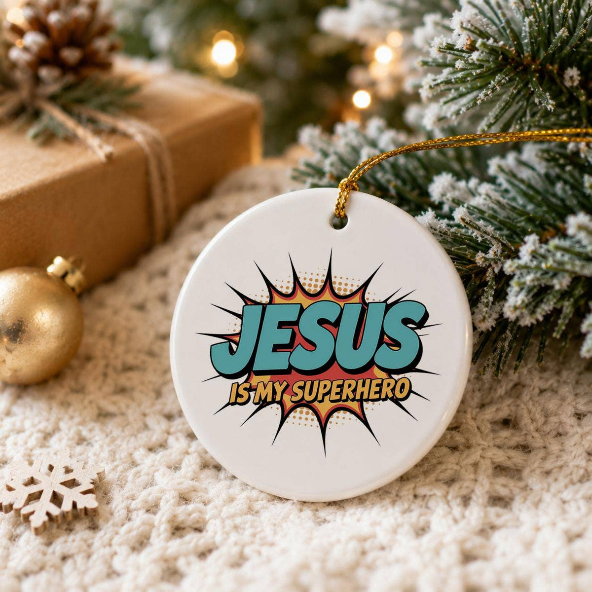 Jesus Is My Superhero Comic Ceramic Ornament for Christmas