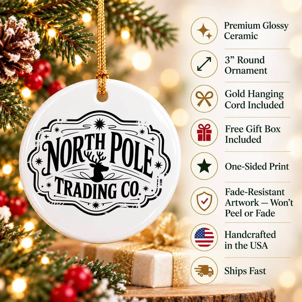 North Pole Ceramic Reindeer Ornament with Festive Typography