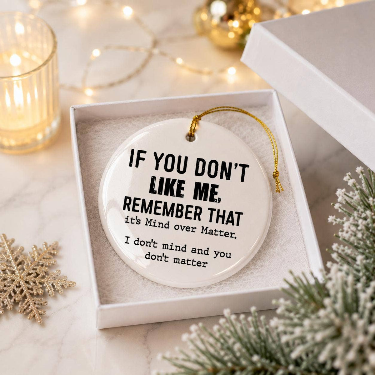 Cheeky 'Mind Over Matter' White Ceramic Holiday Ornament