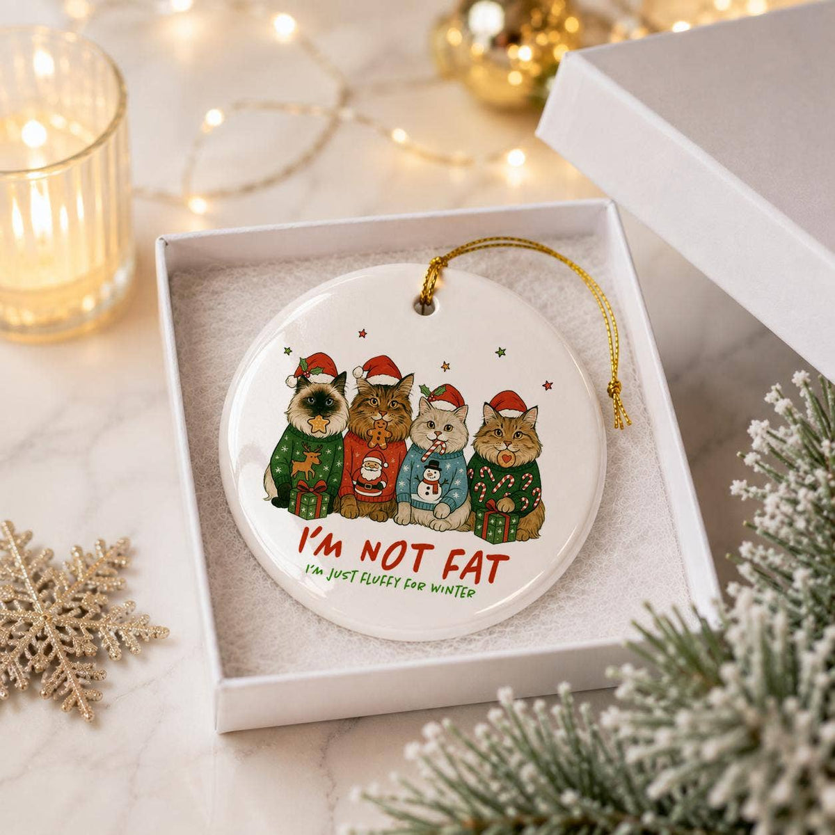 Humorous Fluffy Cats Ceramic Ornament with Sweaters & Gifts