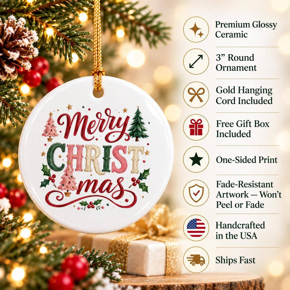 Festive Ceramic Ornament with Christmas Trees in Gift Box