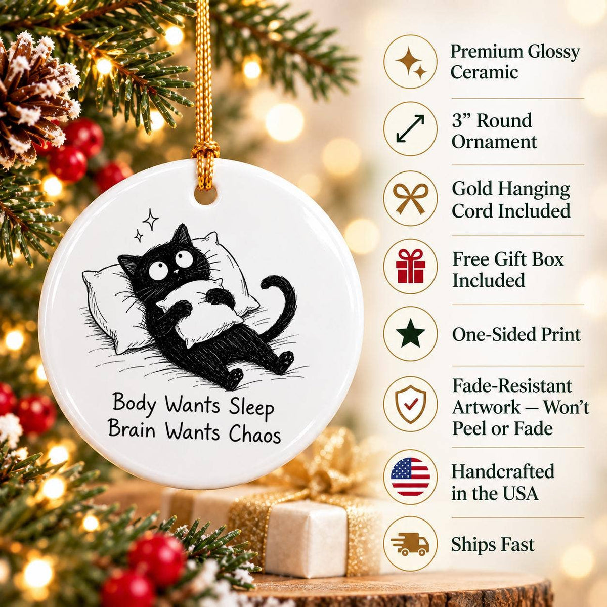 Whimsical Sleepy Cat Ceramic Holiday Ornament with Humor