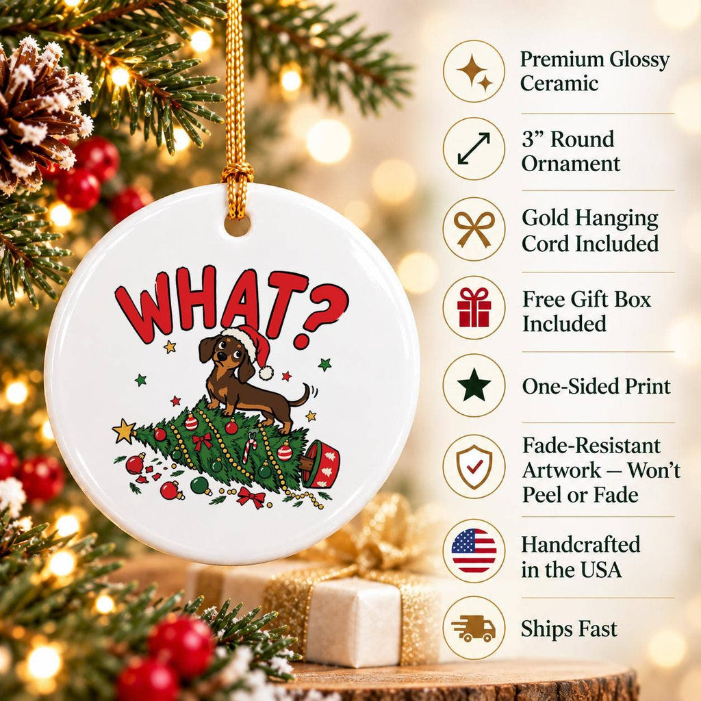 Humorous Ceramic Dachshund and Christmas Tree Ornament Gift