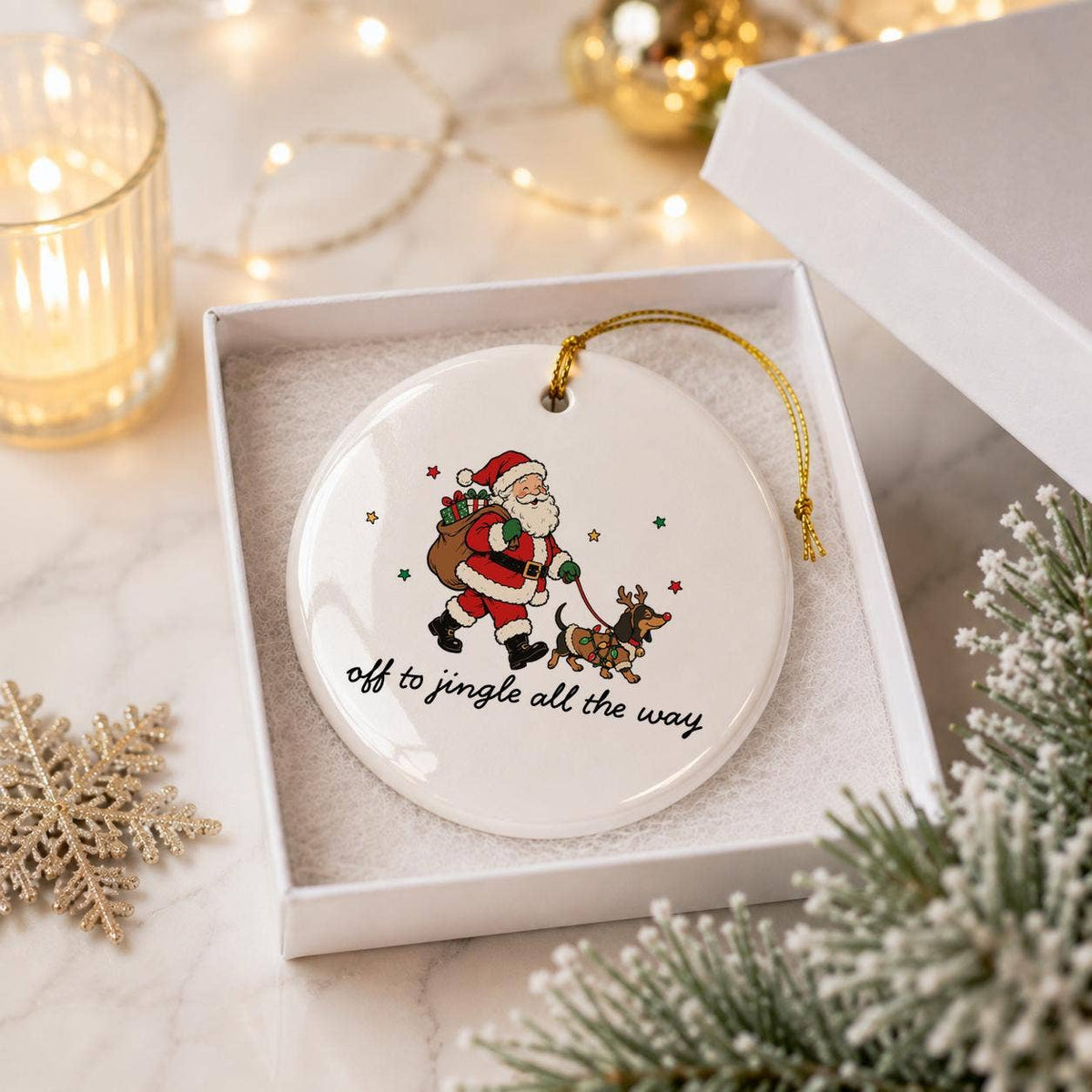 Santa and Reindeer Ceramic Christmas Ornament Gift