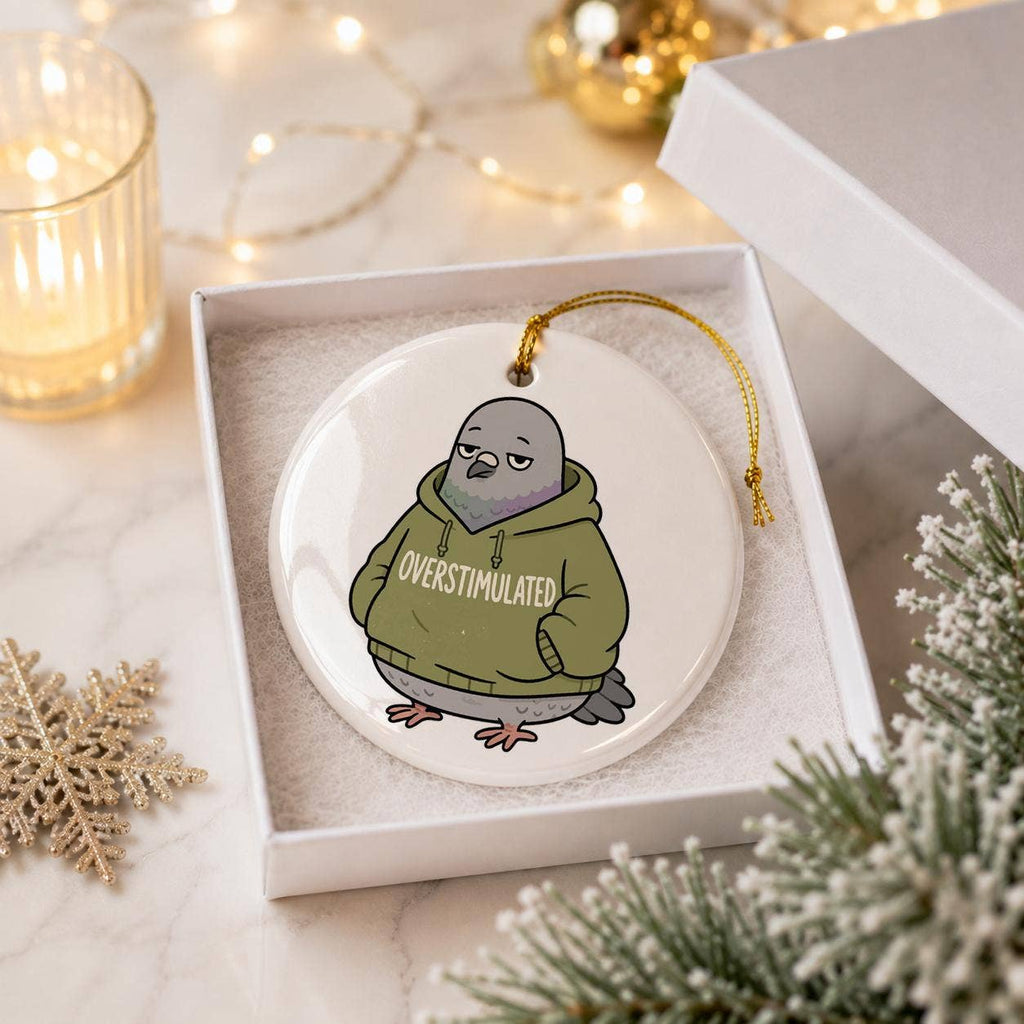 Quirky Overstimulated Pigeon Ceramic Ornament for Holidays