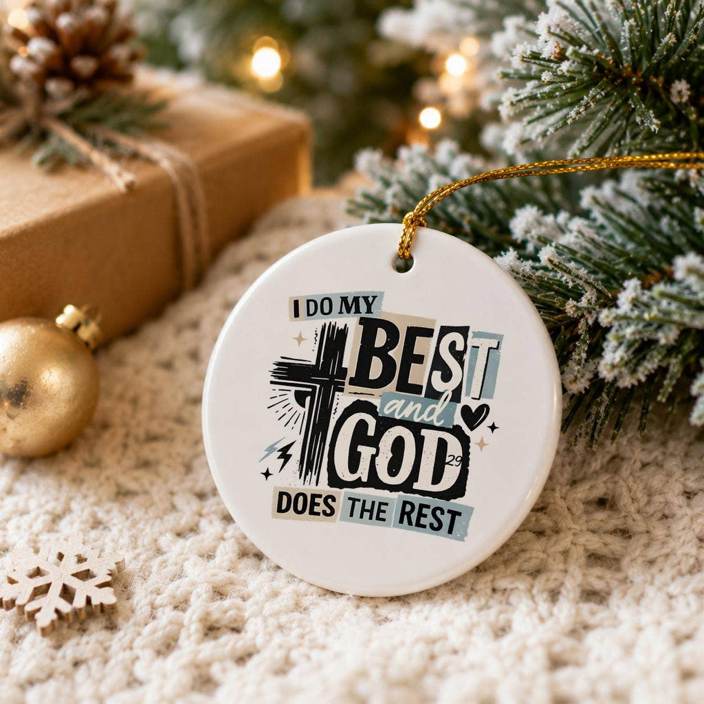 Religious Ceramic Ornament with Cross and Motivational Text