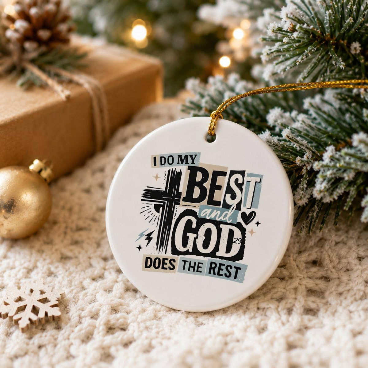 Religious Ceramic Ornament with Cross and Motivational Text