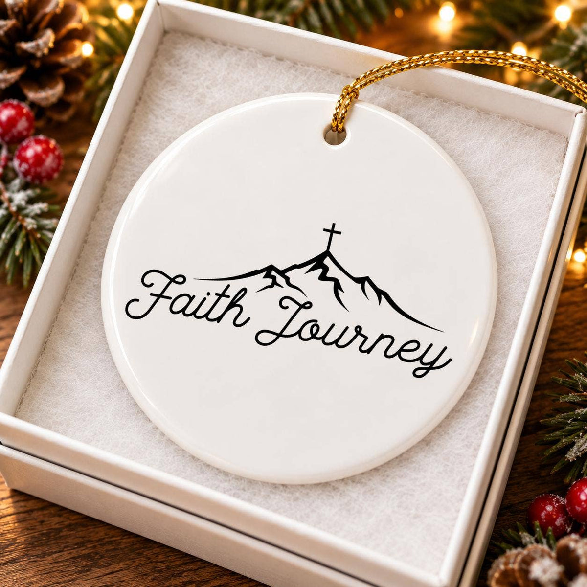 Faith Journey Mountain Cross Ceramic Ornament for Christmas