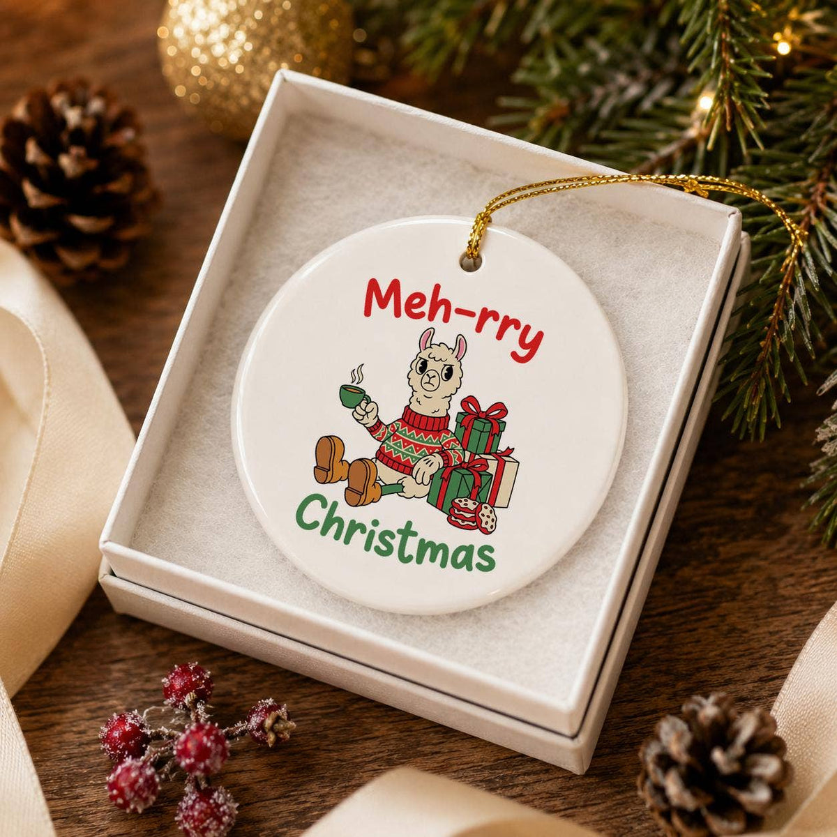 Festive Llama Ornament: Ceramic 'Meh-rry Christmas' Gift Box