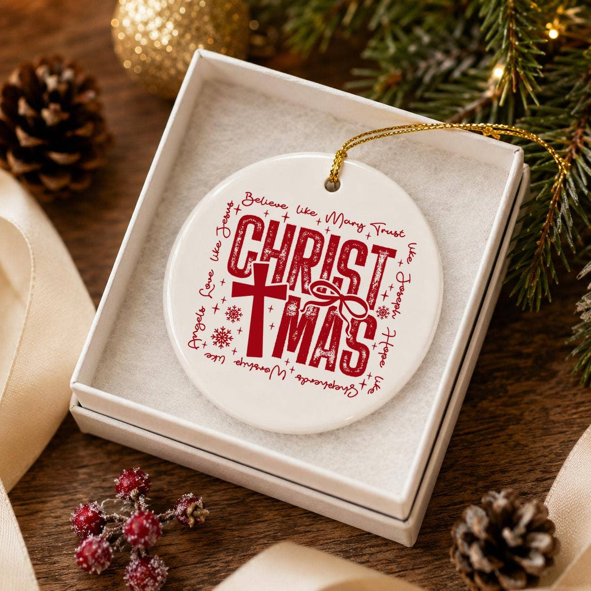 Red Christmas Cross Ceramic Ornament with Gift Box