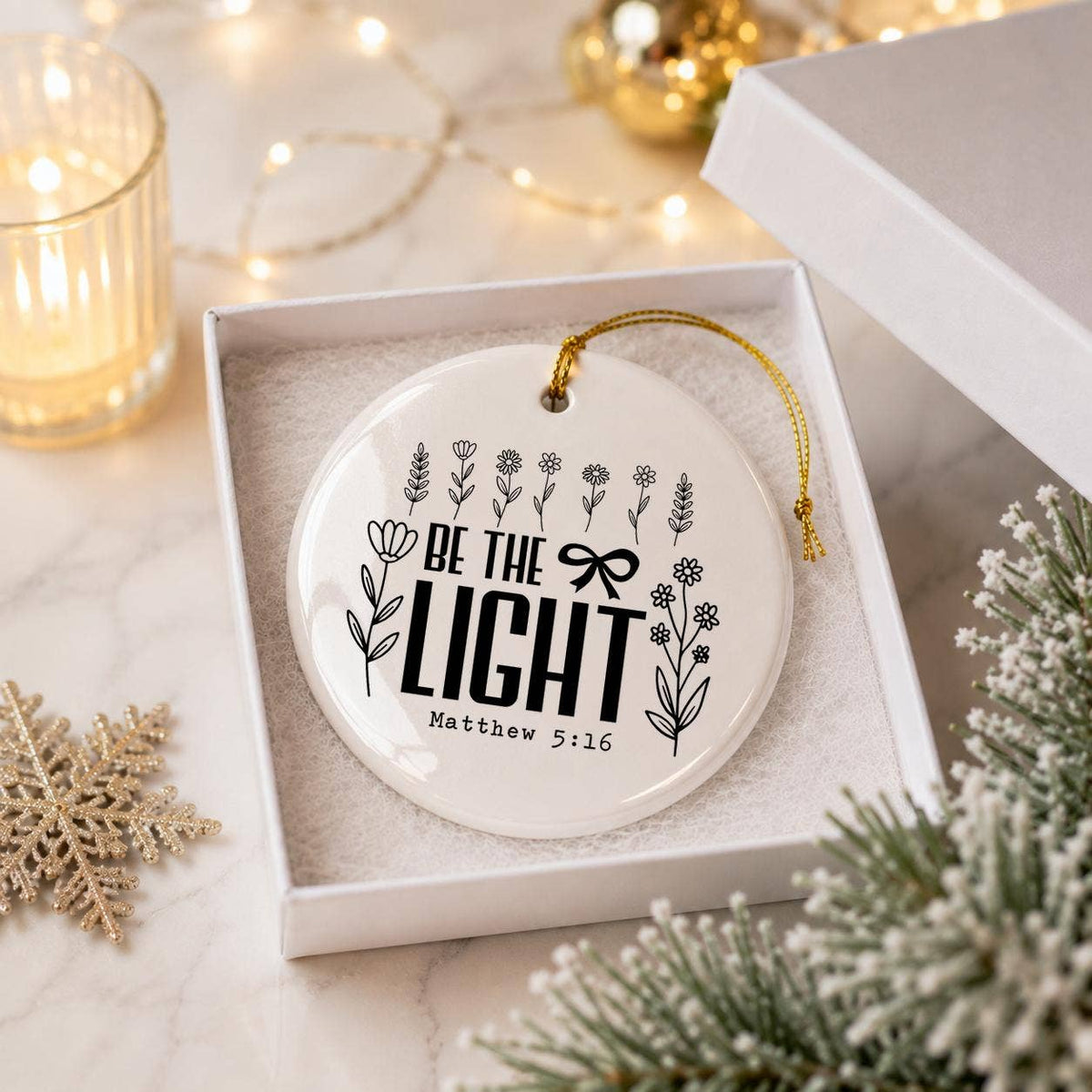 Christian Floral Ceramic Ornament with Matthew 5:16 Verse