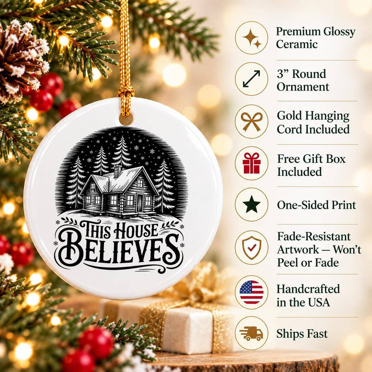 This House Believes Snowy Cabin Ceramic Christmas Ornament