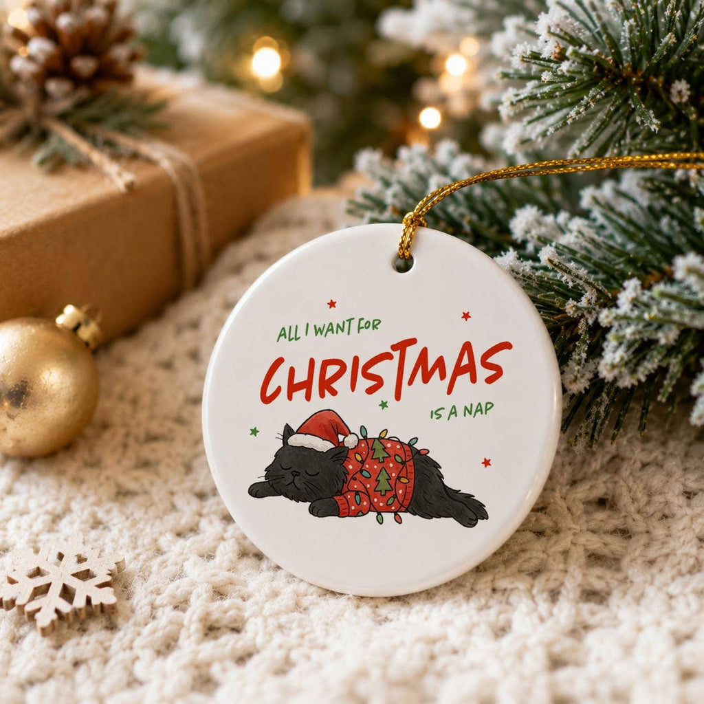 Cozy Black Cat Christmas Ornament in Gift Box with Ribbon