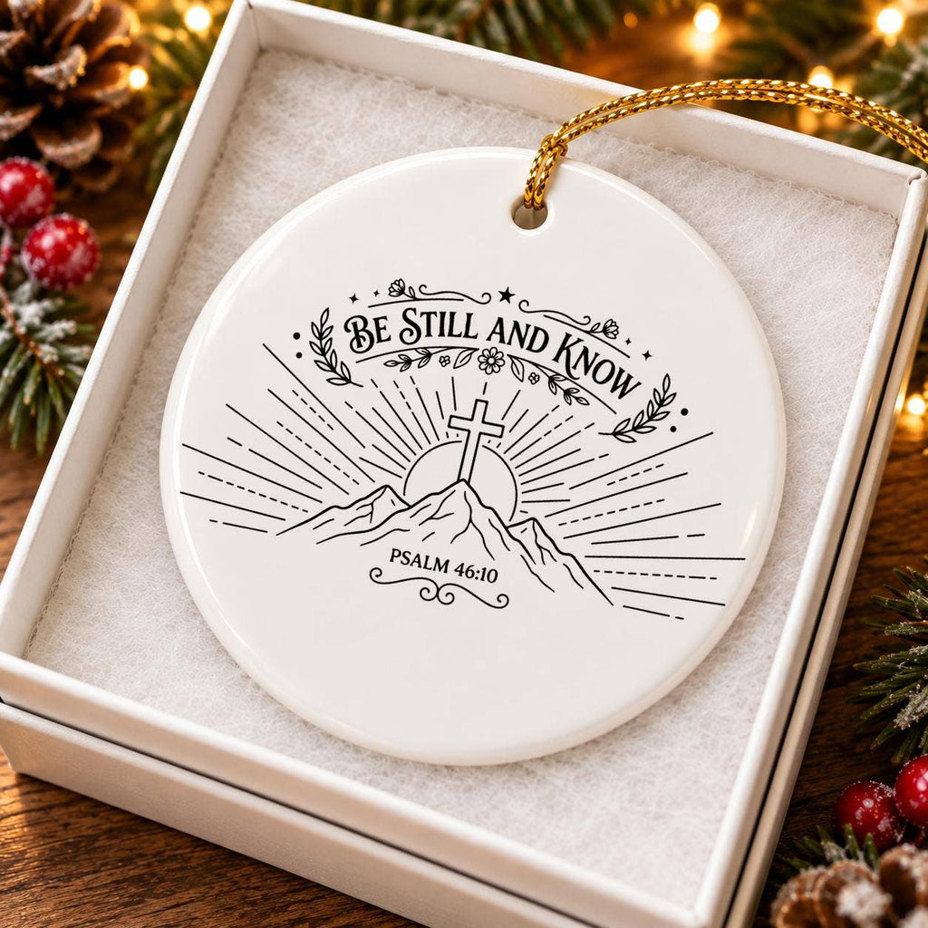 Be Still and Know Mountain Motif Ceramic Christmas Ornament