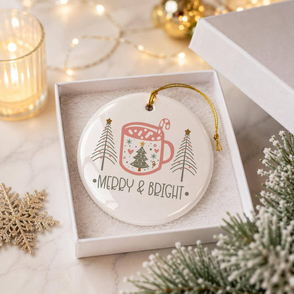 Merry & Bright Ceramic Ornament with Festive Mug & Trees