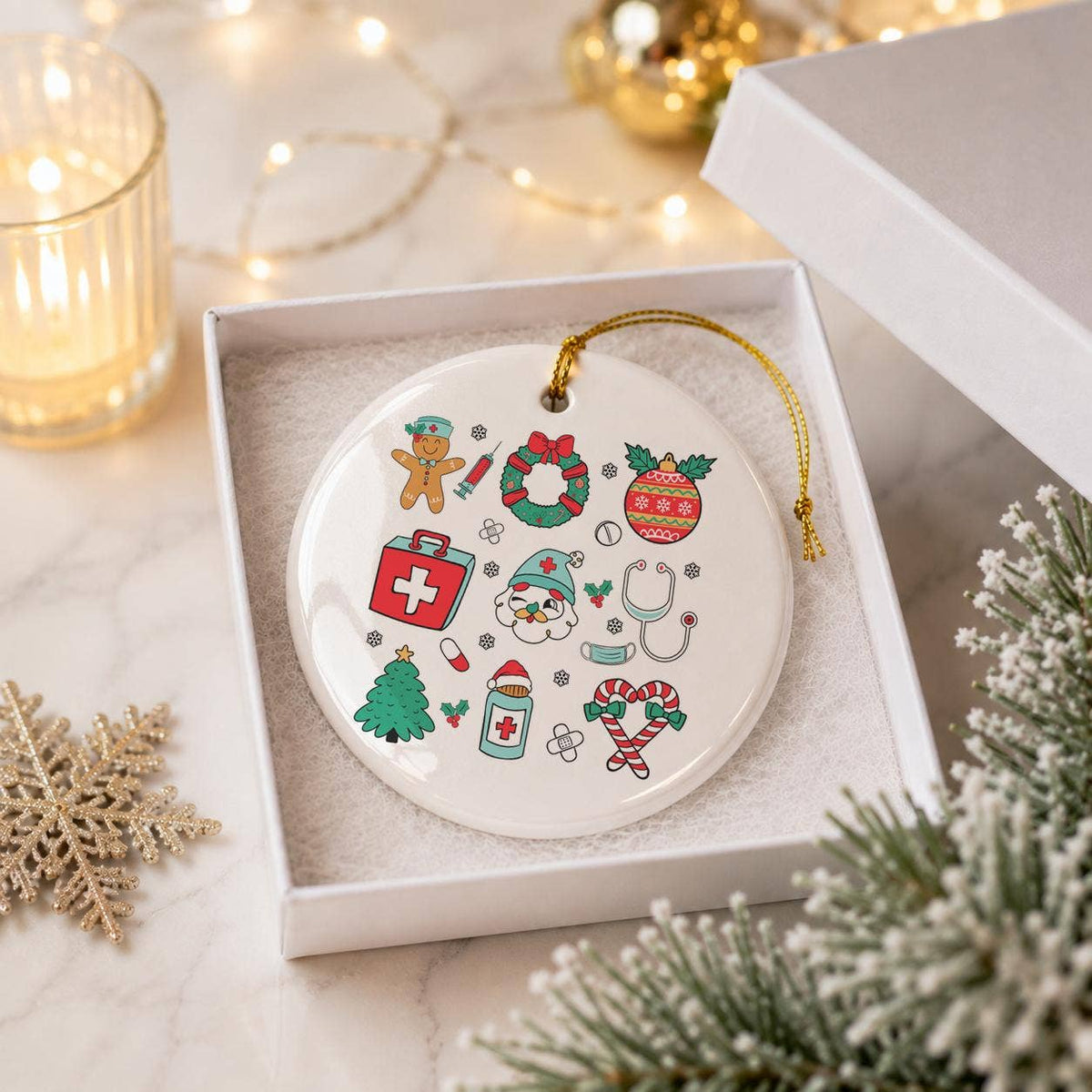 Gingerbread Nurse Ceramic Ornament with Gold Ribbon Gift Set