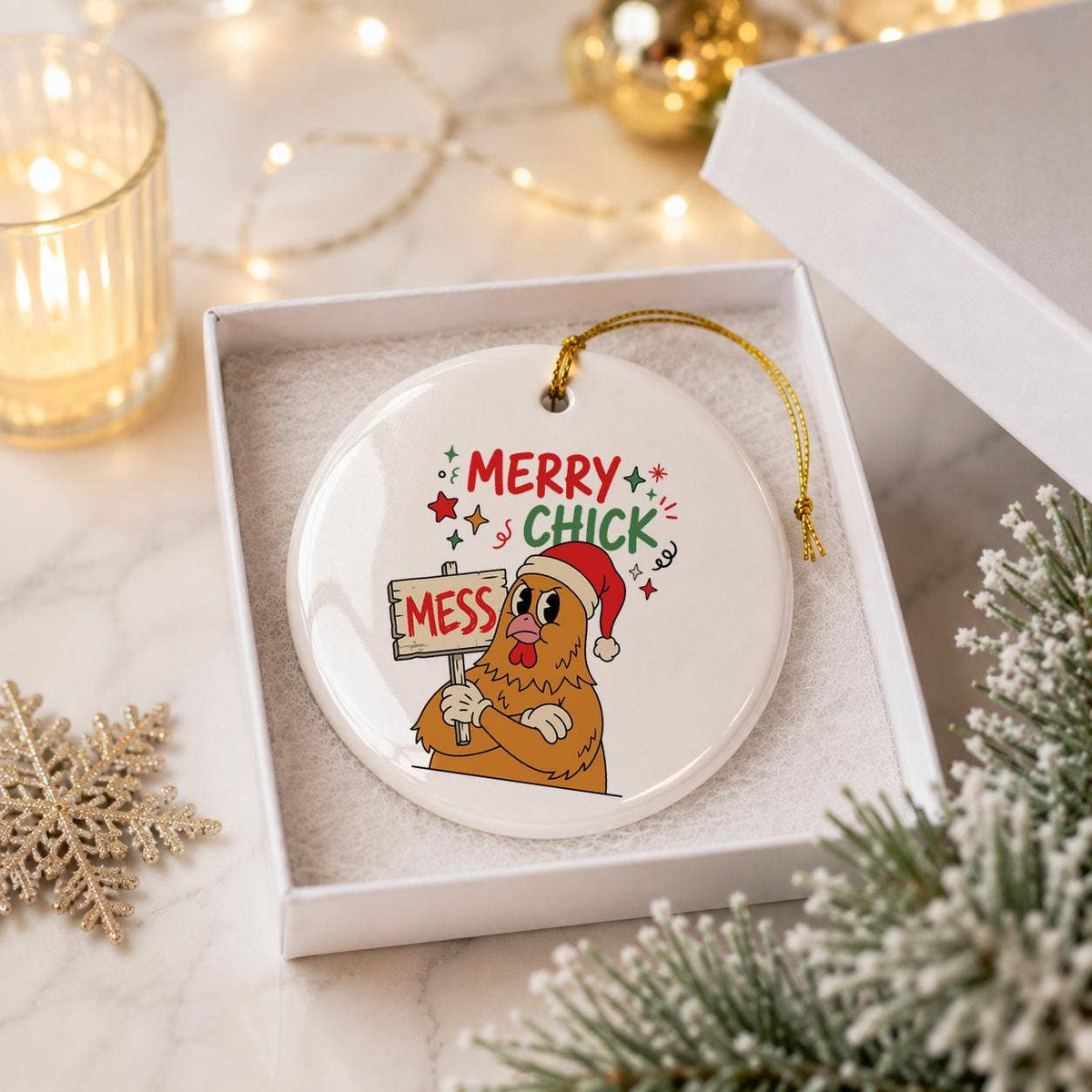 Humorous Santa Chicken Ceramic Ornament for Christmas Fun