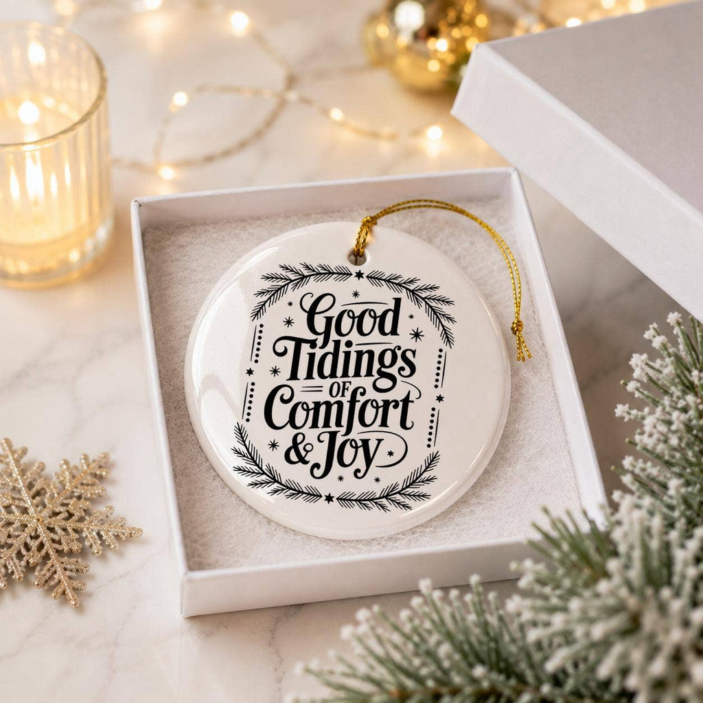 Ceramic Ornament with Evergreen and Good Tidings Gift Box