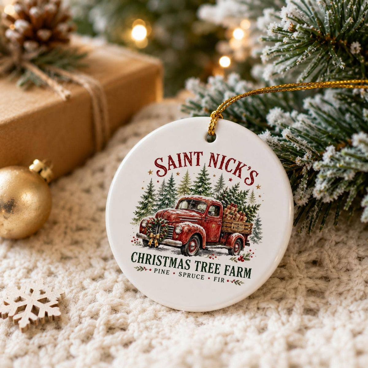 Saint Nicks Tree Farm Vintage Red Truck Christmas Ornament
