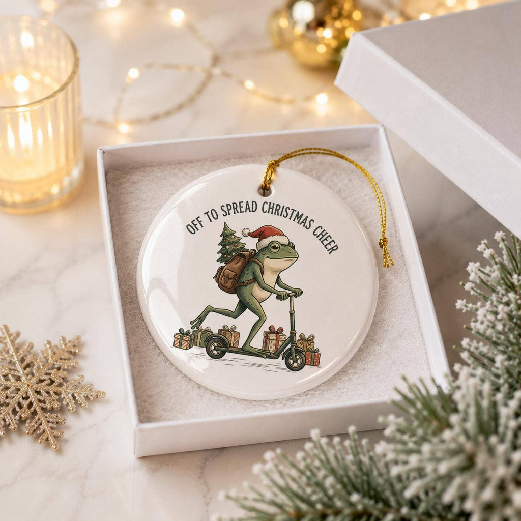Whimsical Frog on Scooter Christmas Ornament in Gift Box