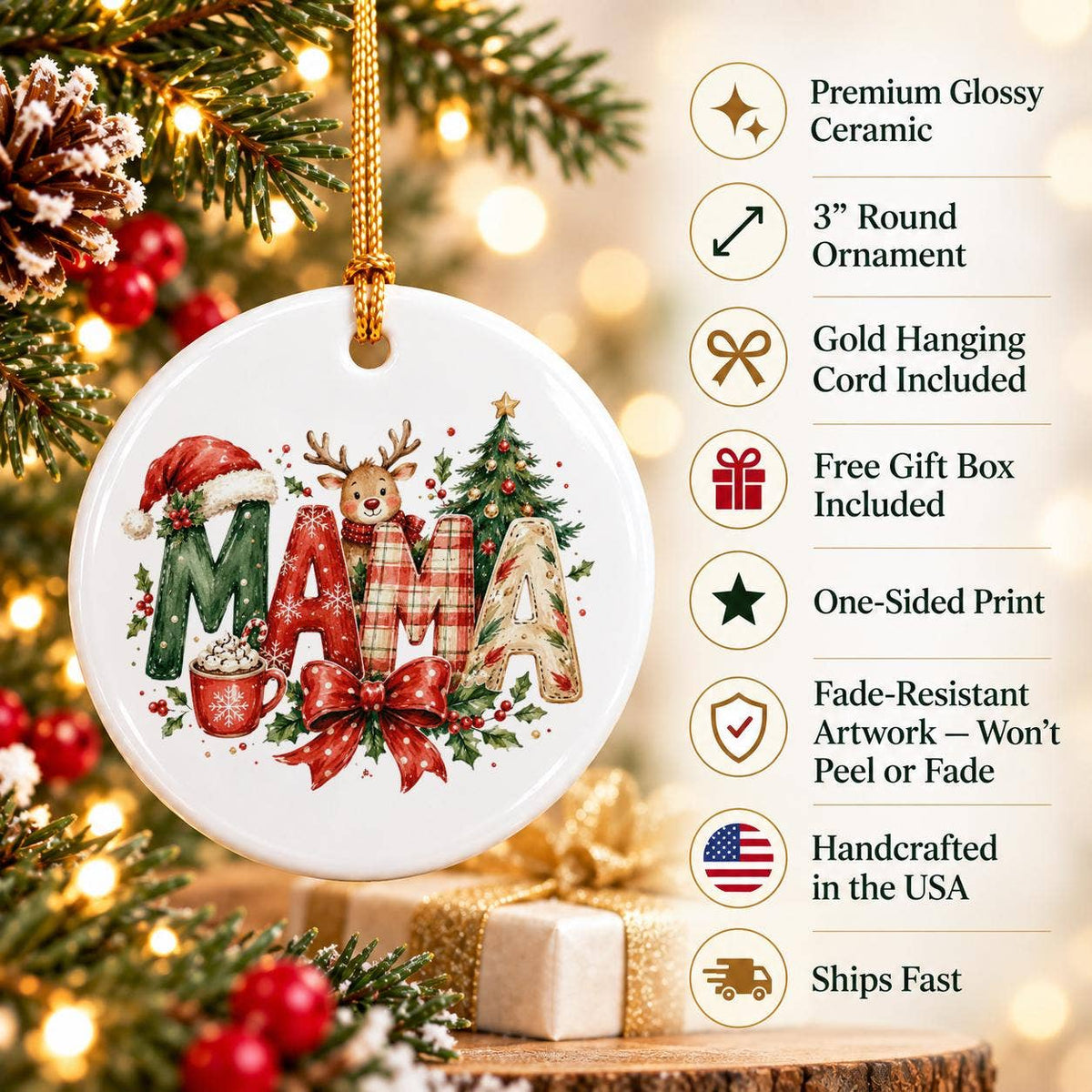 Festive Mama Reindeer Ceramic Ornament with Christmas Motifs