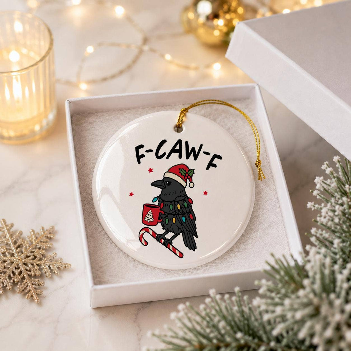 Whimsical Crow Christmas Ornament with Santa Hat in Gift Box