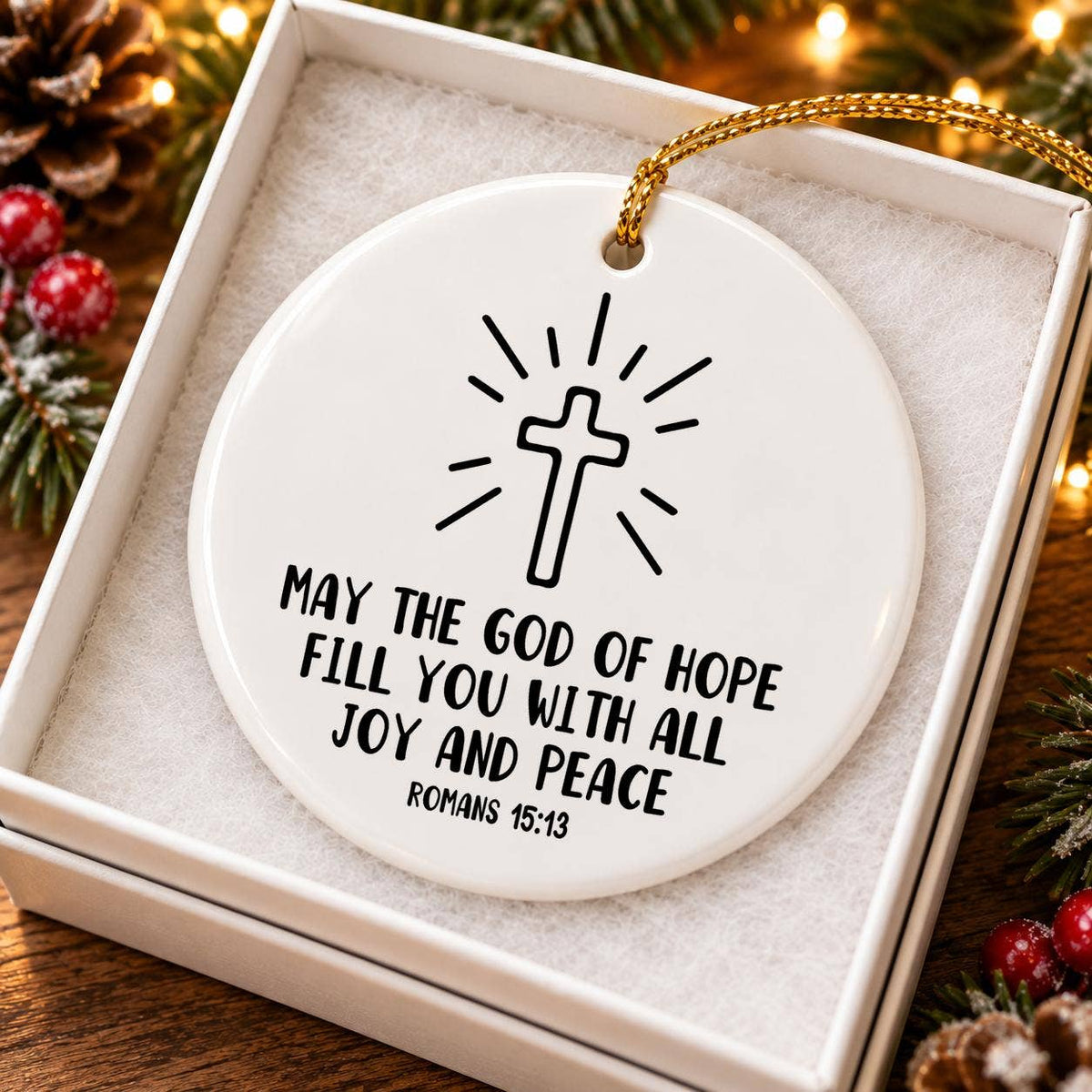 Christian Ceramic Ornament with Romans 15:13 Verse & Cross