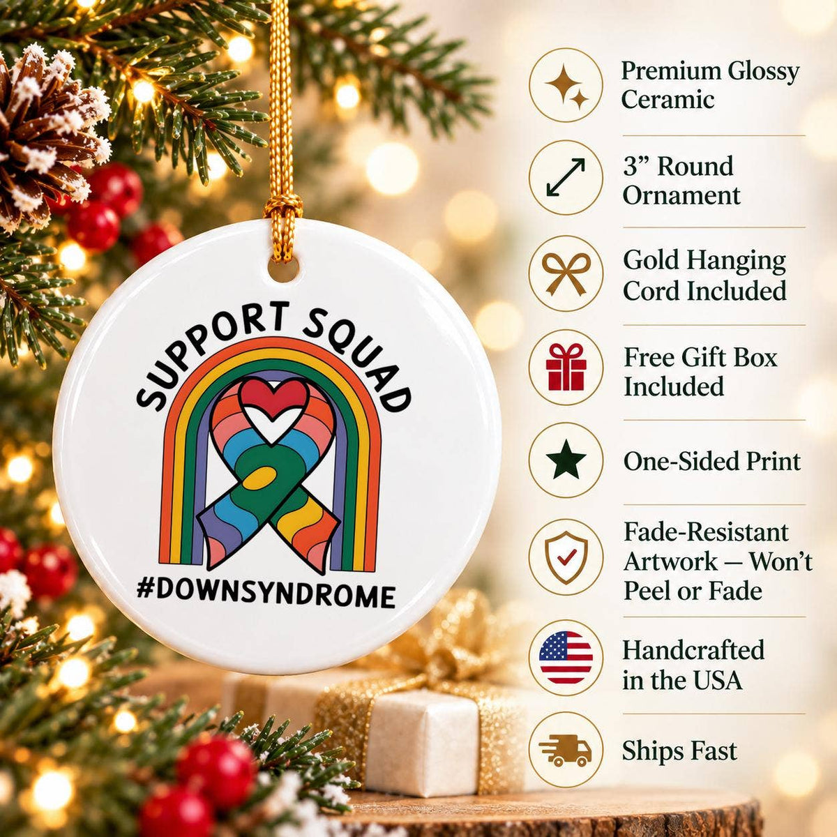 Colorful Down Syndrome Support Ribbon Heart Ceramic Ornament