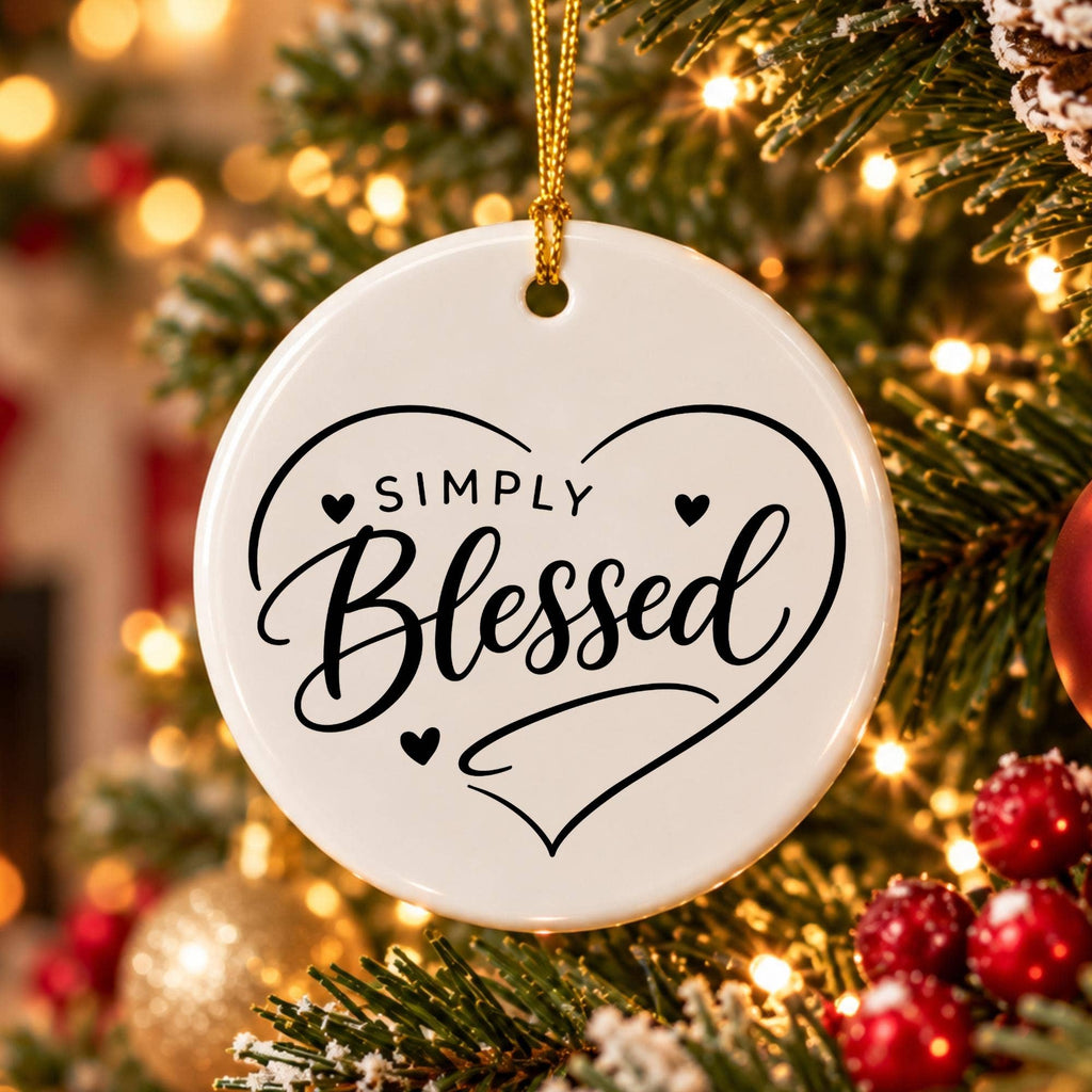 Simply Blessed Glossy Ceramic Ornament with Heart Motifs