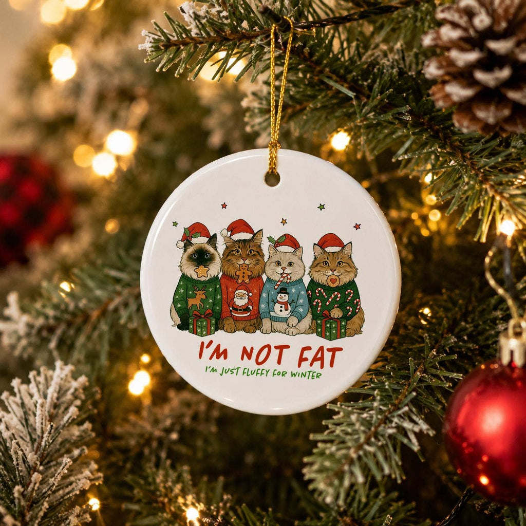 Humorous Fluffy Cats Ceramic Ornament with Sweaters & Gifts
