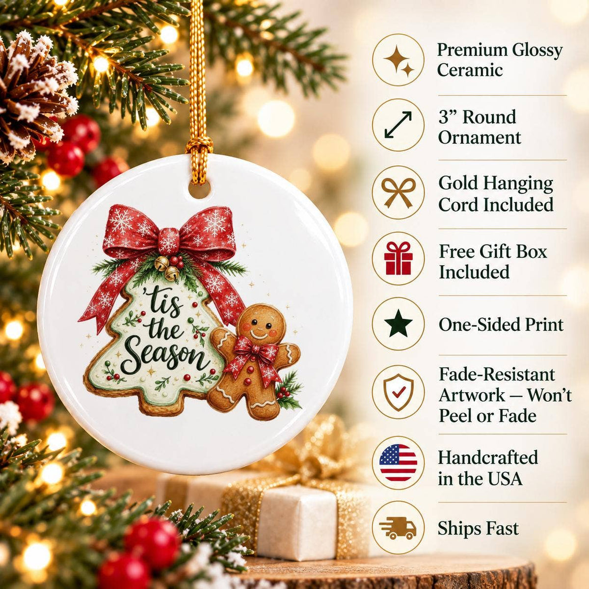 Tis the Season Gingerbread Ceramic Ornament