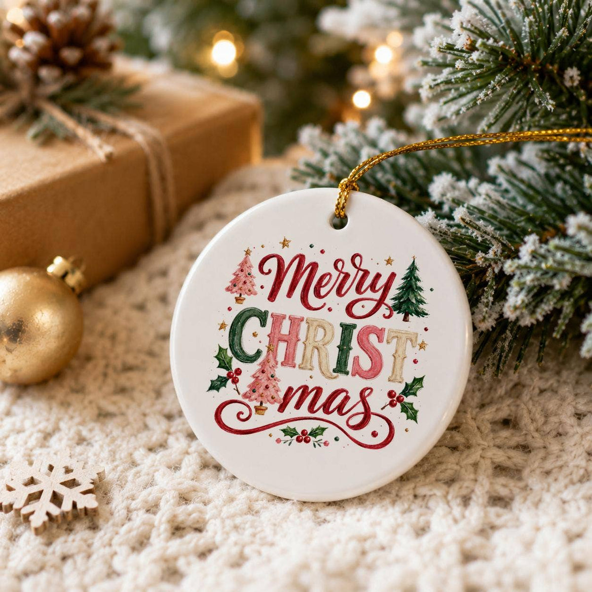Festive Ceramic Ornament with Christmas Trees in Gift Box