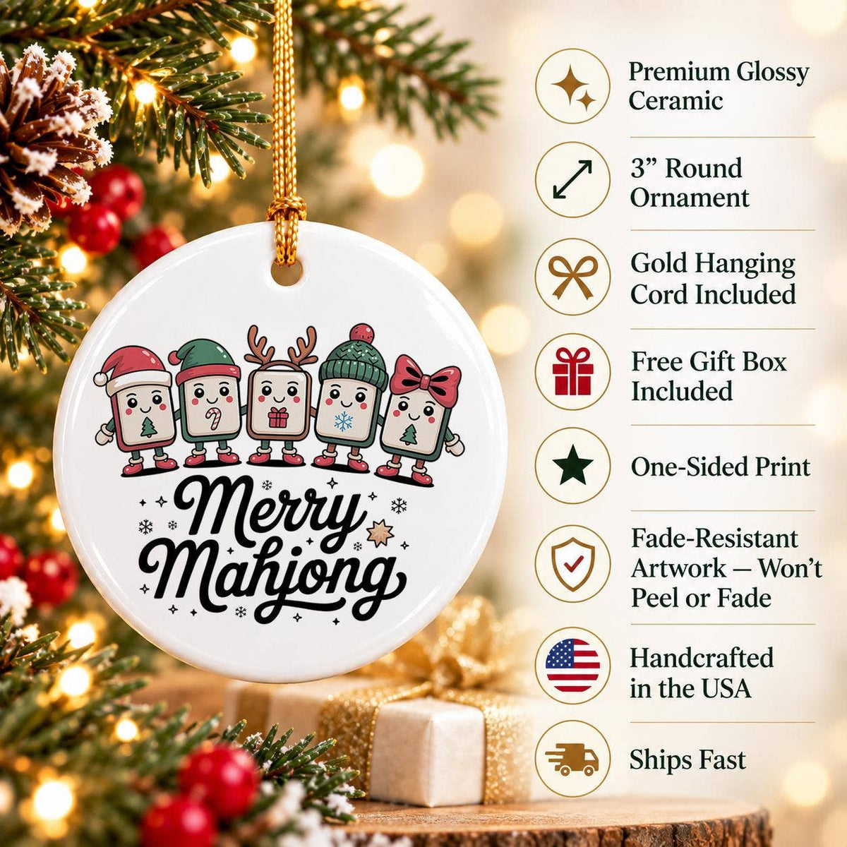 Merry Mahjong Tile Characters Holiday Ceramic Ornament Decor