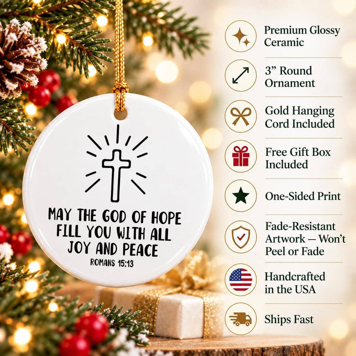 Christian Ceramic Ornament with Romans 15:13 Verse & Cross