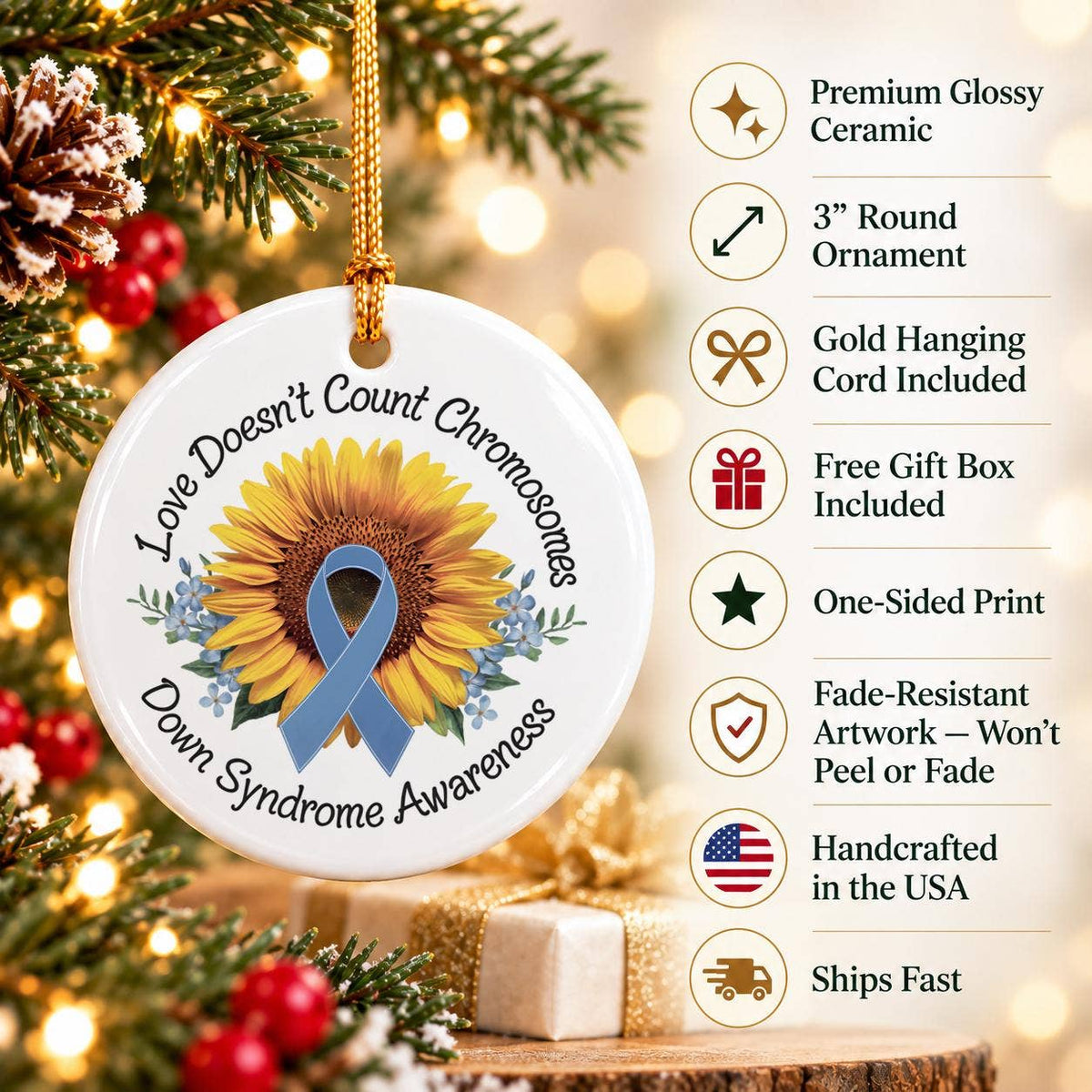 Down Syndrome Awareness Sunflower Ceramic Ornament