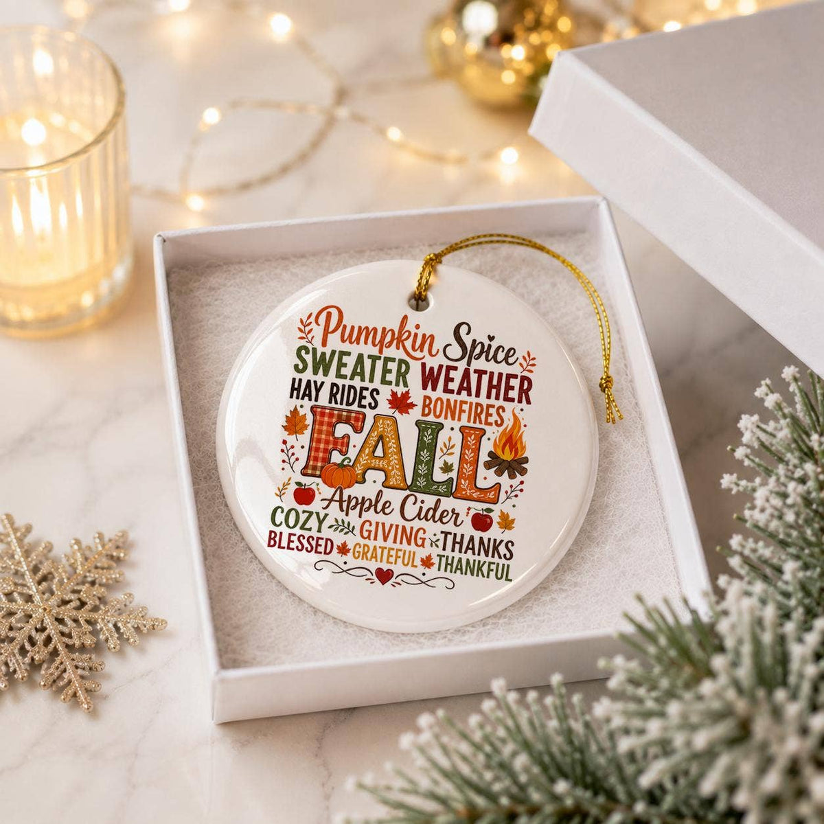 Fall Inspirational Words Ceramic Ornament with Gift Box