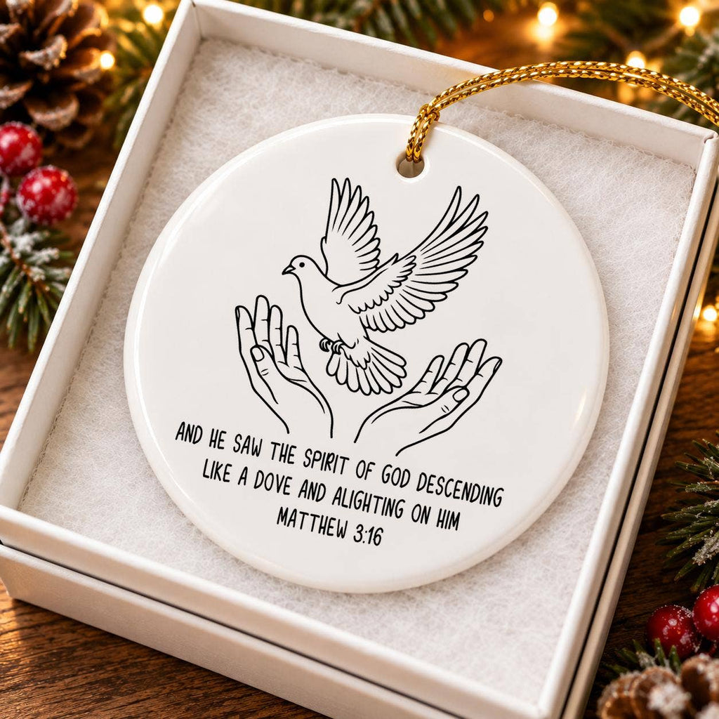 Ceramic Dove Ornament with Matthew 3:16 Bible Verse