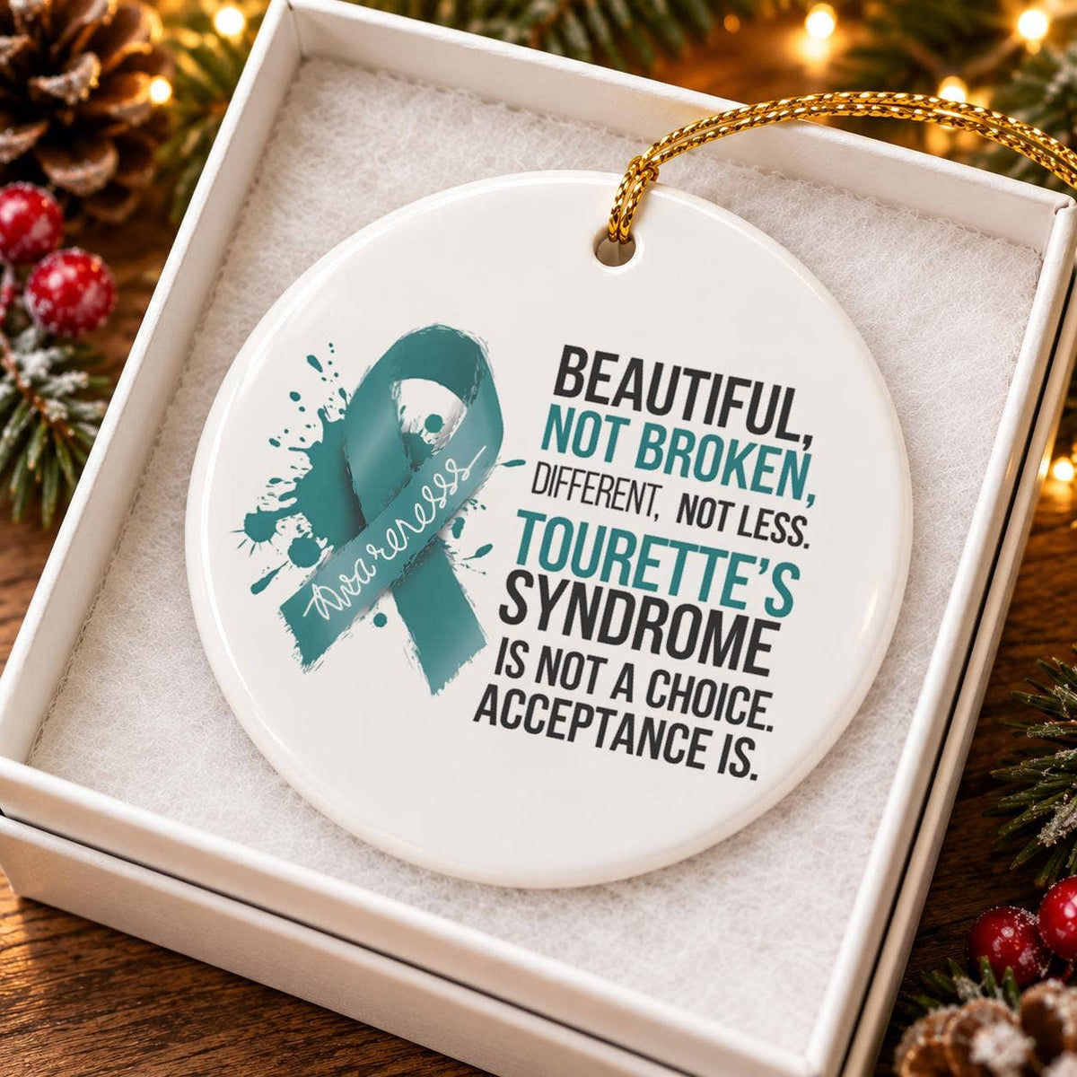 Tourettes Awareness Teal Ribbon Ornament Gift Boxed Holiday