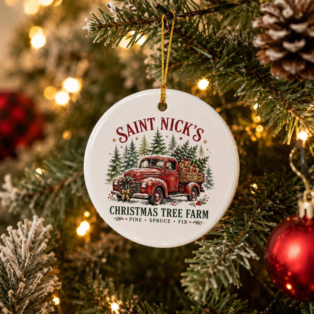 Saint Nicks Tree Farm Vintage Red Truck Christmas Ornament
