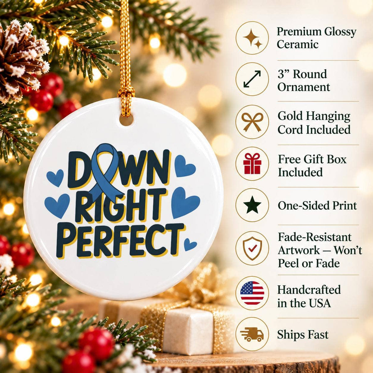 Down Syndrome Support Heart Ornament - Ceramic Keepsake Gift