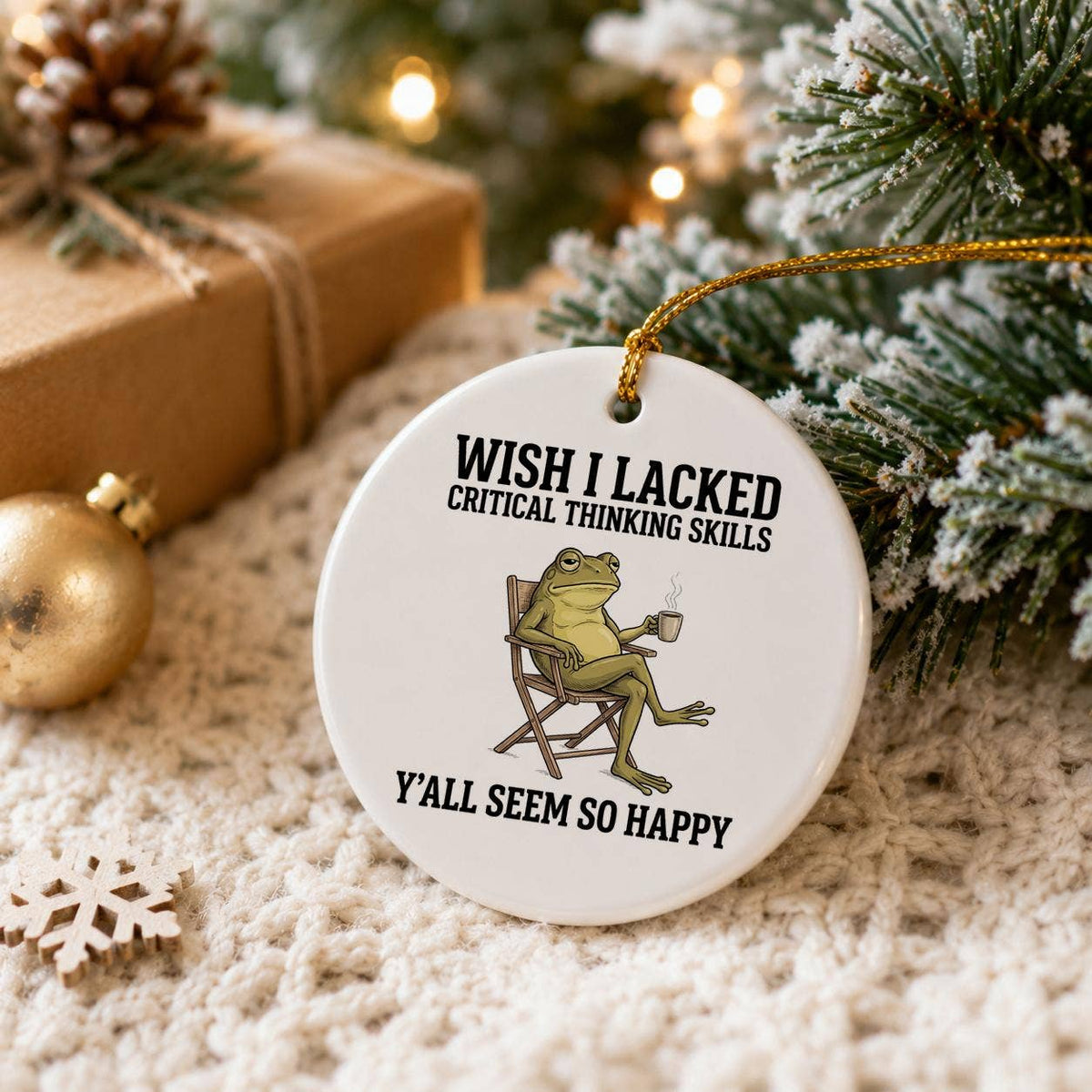 Whimsical Ceramic Frog Christmas Ornament with Gift Box