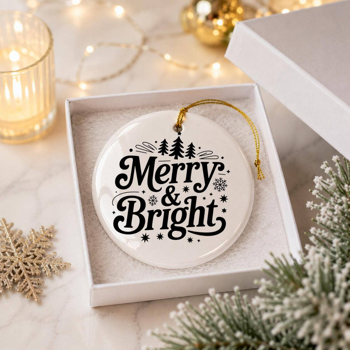 Merry & Bright Stars & Snowflakes Ceramic Christmas Ornament