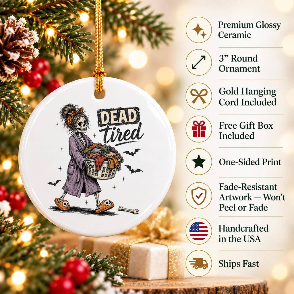 Whimsical 'Dead Tired' Skeleton Ceramic Halloween Ornament