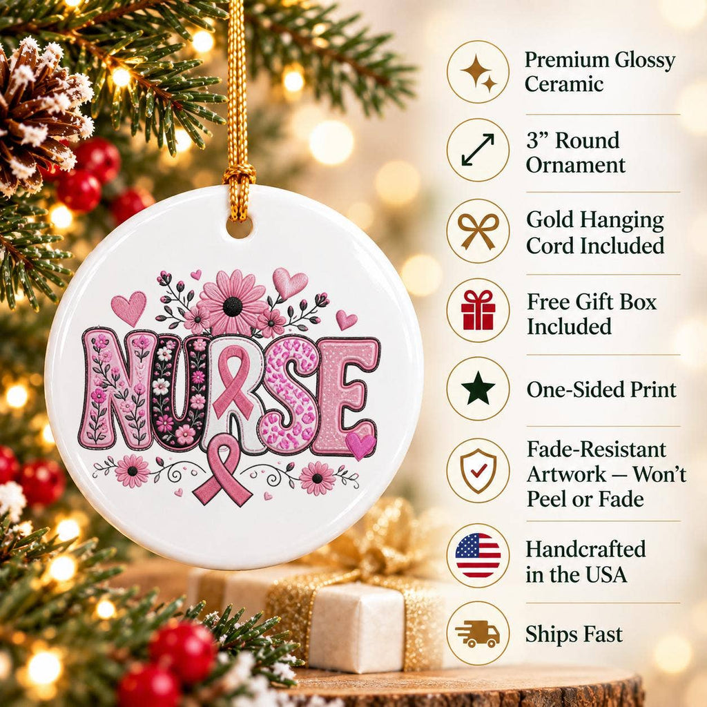 Nurse Pink Ribbon Floral Ceramic Christmas Ornament