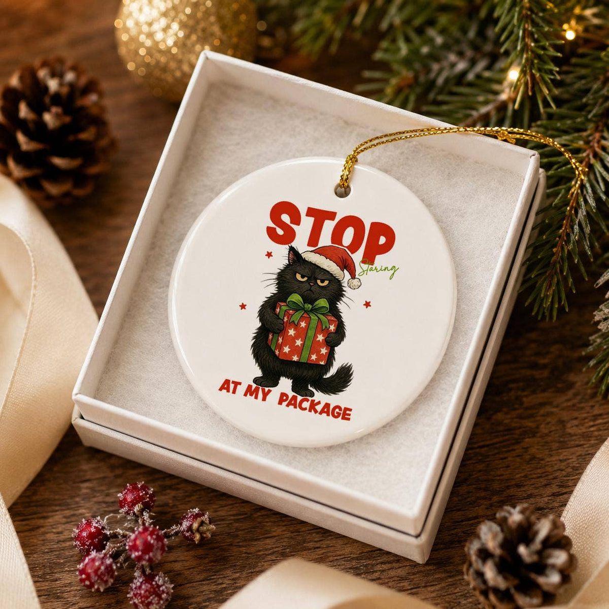 Humorous Cat Ornament with Santa Hat for Christmas Decor